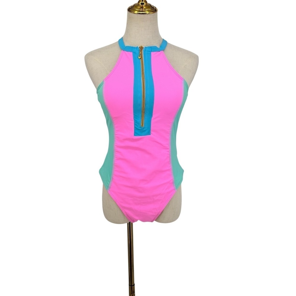 Neon Colorblock Barbie 80's 90's Sporty Rave One Piece Swimsuit L Pink Zip Front
